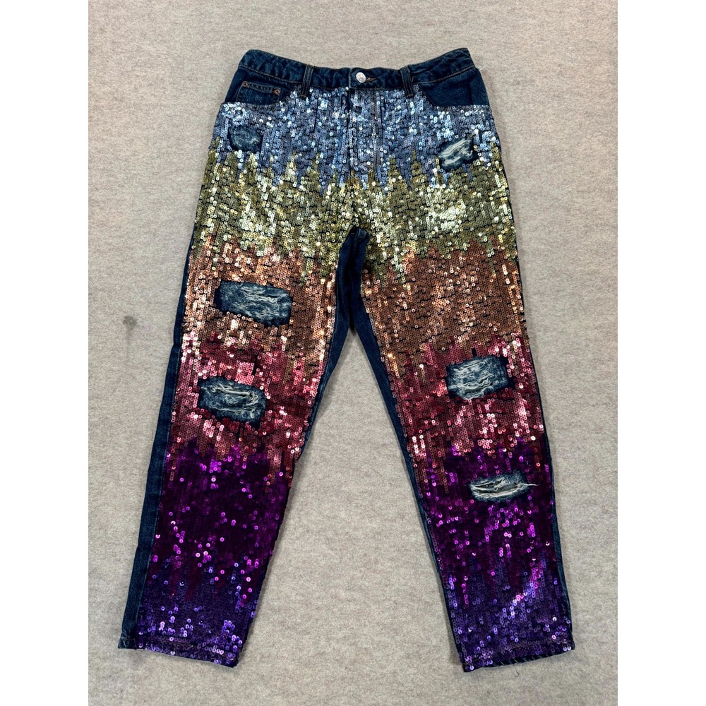 Topshop Moto Ombre Sequin Distressed Mom Crop Jeans Women 30x30 Multicolor Denim